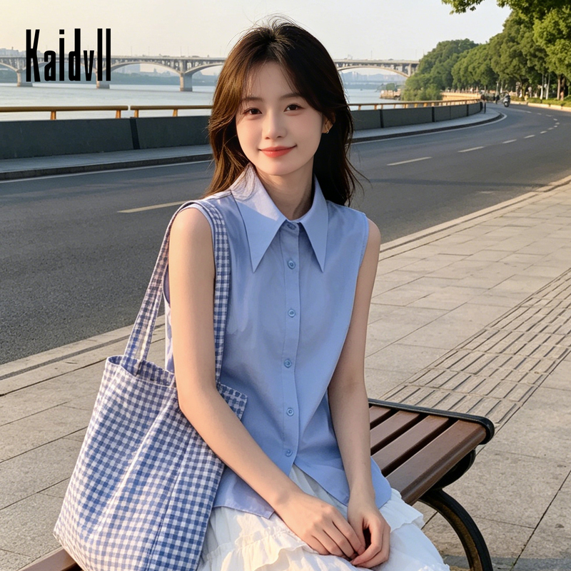 Light Blue Pointed Collar Sleeveless Shirt for Women, Suitable for Layering, Simple and Slimming, Versatile Top Light Blue Pointed Collar Sleeveless Shirt for Women, Suitable for Layering, Simple and Slimming, Versatile Top