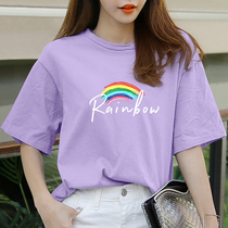 Hipster cotton short sleeve t-shirt women fragrant Taro purple round neck summer 2021 New loose Korean version of Joker printing