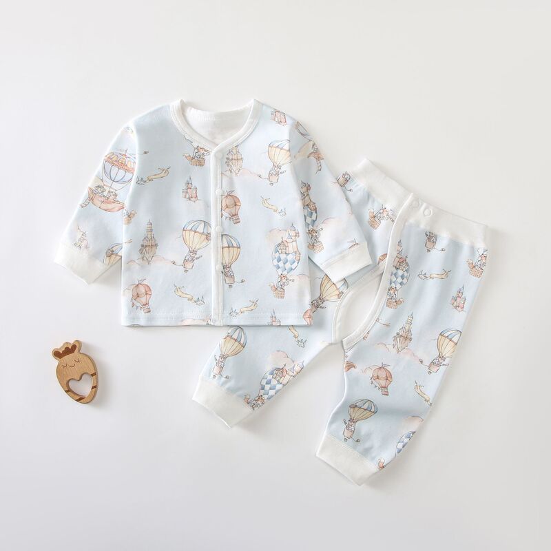 Baby A-Class All-Cotton Seamless Long-Sleeve Snap Button Top and Open-Crotch Pants Cotton Set for Boys and Girls, Pure Cotton Autumn Clothing Set
