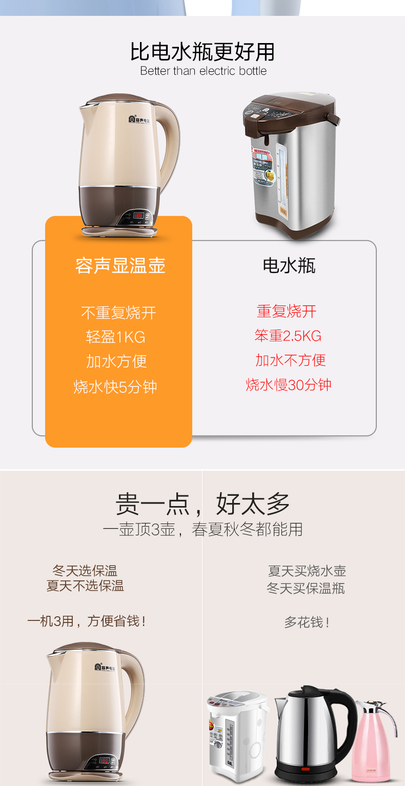 Rong Thắng điện nước nóng ấm cách nhiệt nhà 304 thép không gỉ thông minh nhiệt độ không đổi một nồi tự động tắt nguồn - ấm đun nước điện bình siêu tốc delites