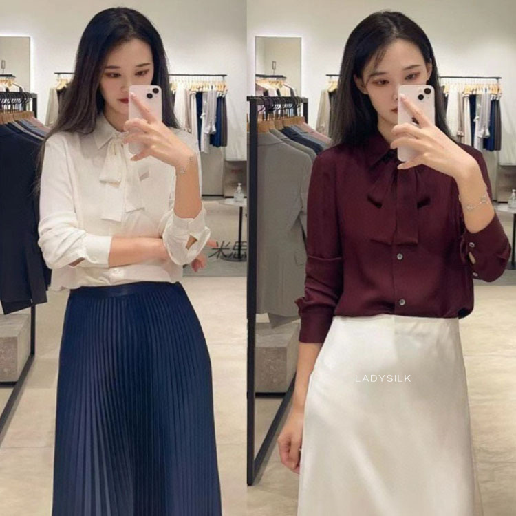 Ladysilk24 Spring and Summer New Style Th Detachable Ribbon Heavy Silk Shirt Women's Pure Color Loose Silk Shirt