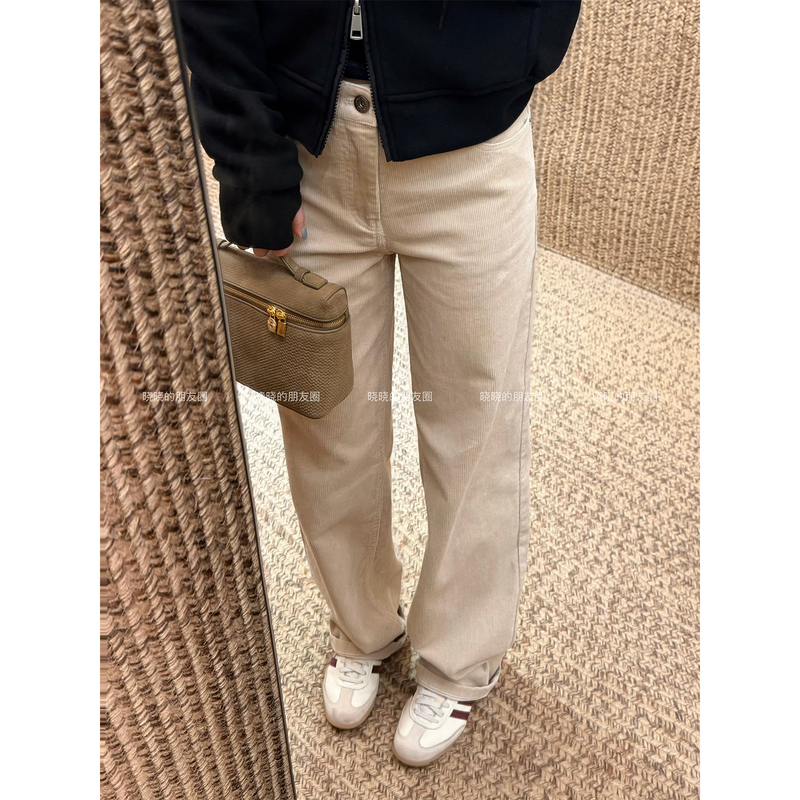 "Corduroy Milk Tea" Straight-Leg Slim-Fit Light Apricot Color Slimming Casual Pants