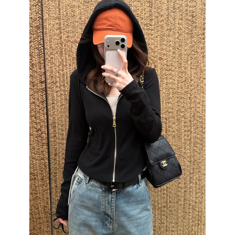 "Black Gold Jacket" Early Autumn Hooded Double-Zip Short Cardigan Women's Slim Fit Ribbed Knit Jacket "Black Gold Jacket" Early Autumn Hooded Double-Zip Short Cardigan Women's Slim Fit Ribbed Knit Jacket