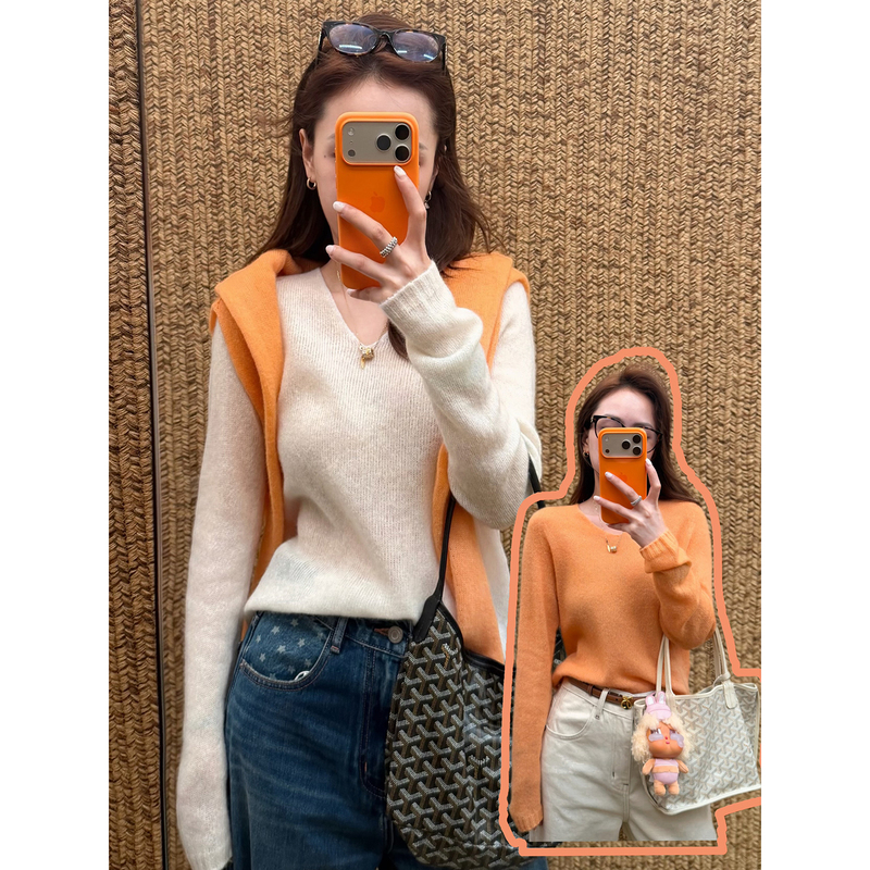 "Orange-Toned Warmth" Merino Wool and Lyocell Alpaca Wool V-Neck Knit Sweater, a Gentle and Atmospheric Top for Early Autumn