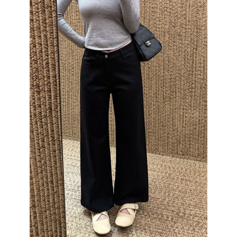 Versatile Black Pants Lyocell Cotton Pear-Shaped Basic Black Pants High-Waisted Drapey Wide-Leg Casual Jeans Non-Stretch