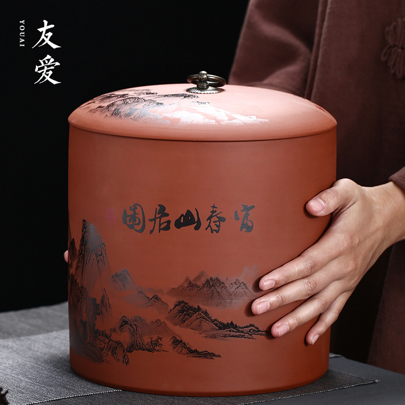 Love purple pu 'er tea cake tin, large boxes ceramic seven loaves white tea caddy fixings coarse pottery seal cylinder household