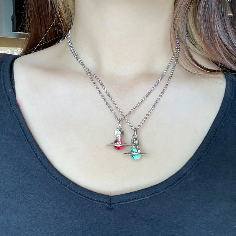 925 Sterling Silver Three-Dimensional Saturn Necklace Red Ball Western Empress Necklace Orb Mint Green Medium Size Nana Same Style Sweater Chain
