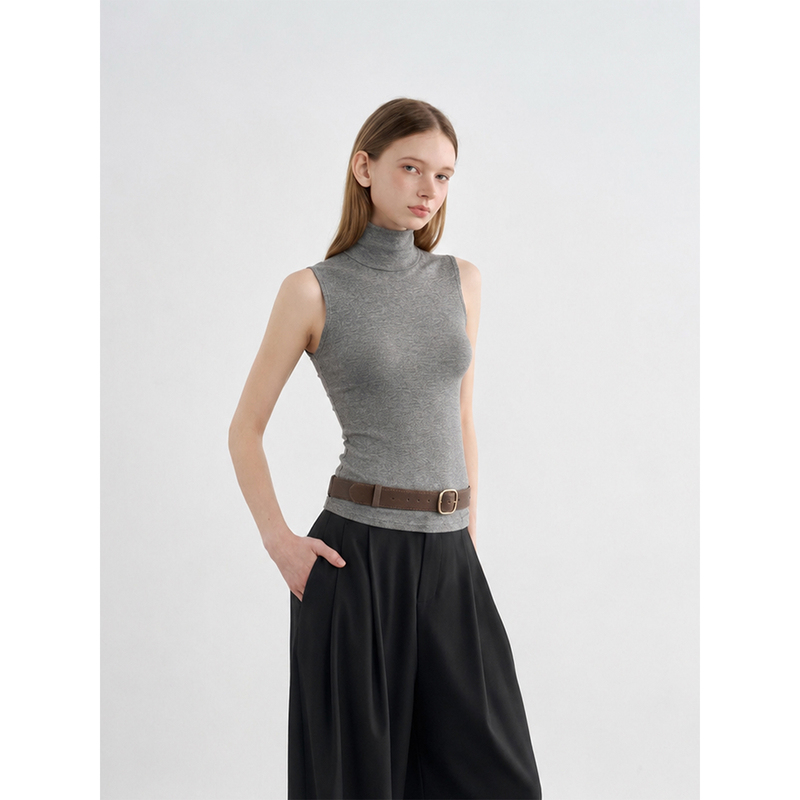 Essence Gray High-Neck Sleeveless Knitted Vest for Women, Summer Slim-Fit Commuter Style with a High-End Feel, Trendy Inner Wear Top