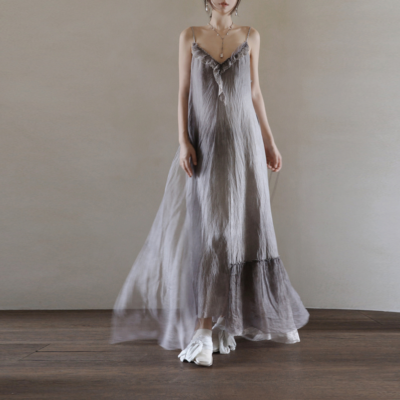Misa·No Love Letter·Plant-Dyed Original Design Women's Clothing Wabi-Sabi Style Mulberry Silk New Chinese Style Spaghetti Strap Long Dress