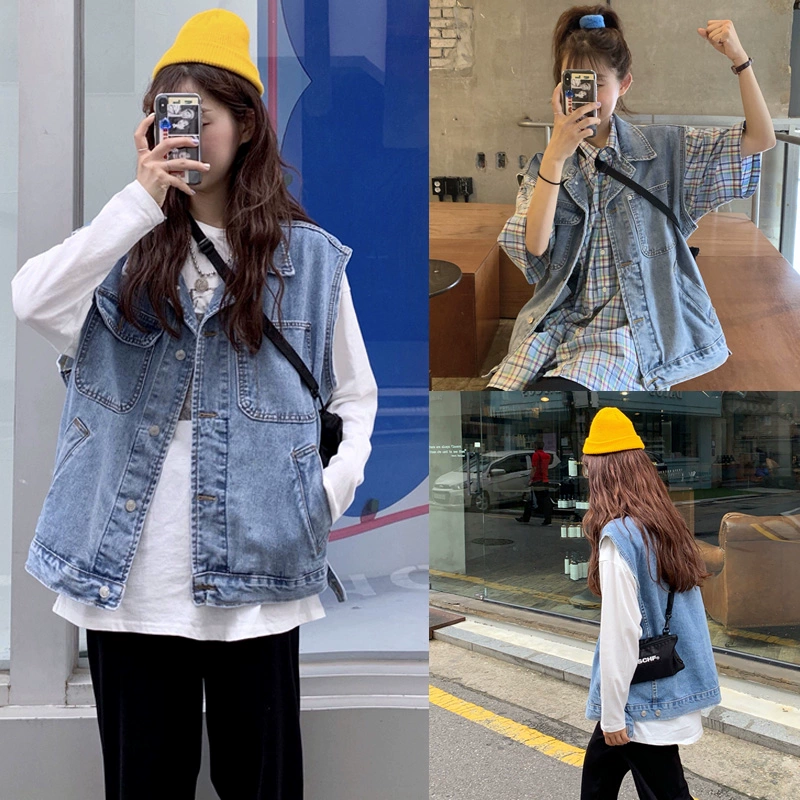 Kích thước lớn của chị gái béo 200 pounds denim vest lỏng Học sinh Hàn Quốc dụng cụ không tay áo khoác ngoài - Áo vest