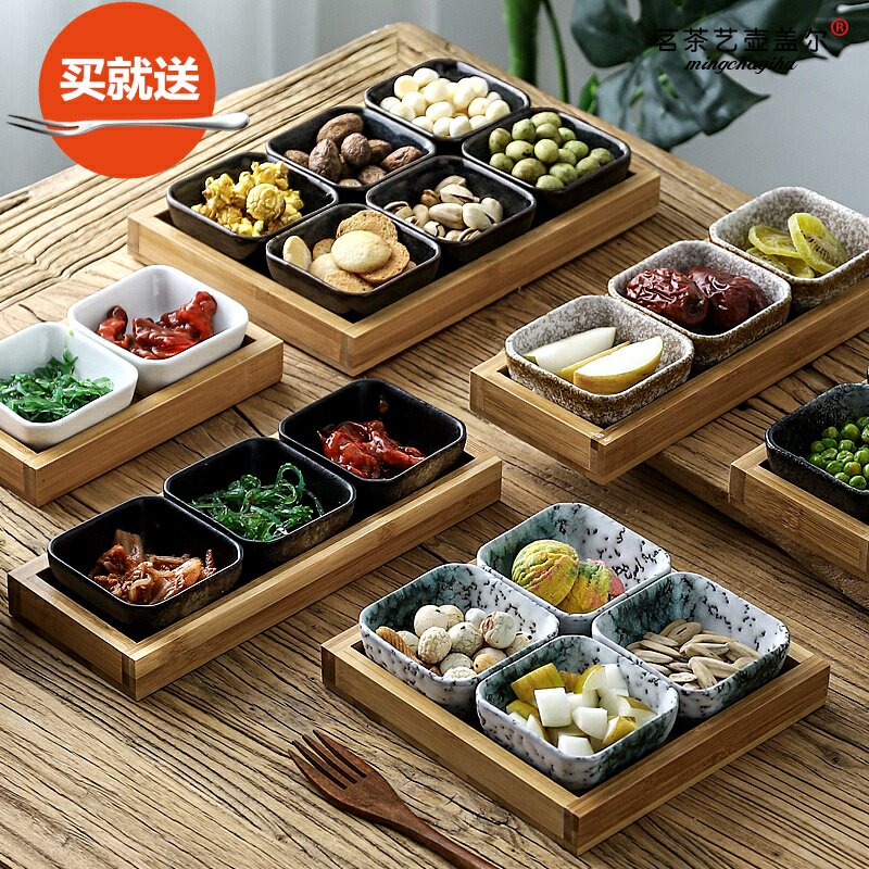 Ceramic Sub-Lattice Fruit Pan Snack Tray Day Style Small Saucepan with Dish Home Living Room Tea Table Dried Fruit Snack Dish Creativity