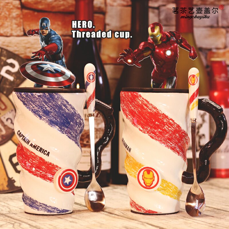 Creative personality mug with lid and spoon cute trend ceramic cup fresh and simple couple cartoon pot belly cup