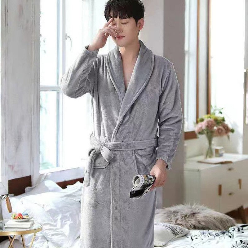 Internet Celebrity Style Autumn and Winter Bathrobe for Men, Over-The-Knee Simple Tie-Up Bathrobe for Women, Fleece-Lined Warm Bathing Coral Fleece Bathrobe