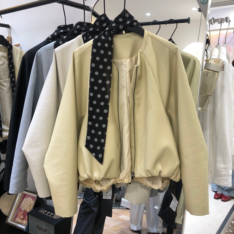 Polka Dot Ribbon Bat Sleeve Leather Jacket for Women 2026 Spring New Korean Style Loose Casual Work Clothing Leather Jacket Fc688