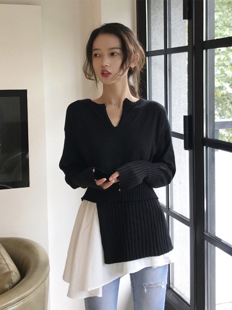 Spring Autumn Season Sweater Sweatshirt Woman Taste Black & White Loot Outside Wearing Clothes Cocoon Type Hooded Sweater Women's Knitted Sweatshirt Thin
