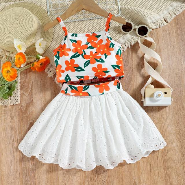 Foreign trade European and American children's clothing small and medium-sized children's suit camisole top belt belt mesh lace skirt girls two-piece set