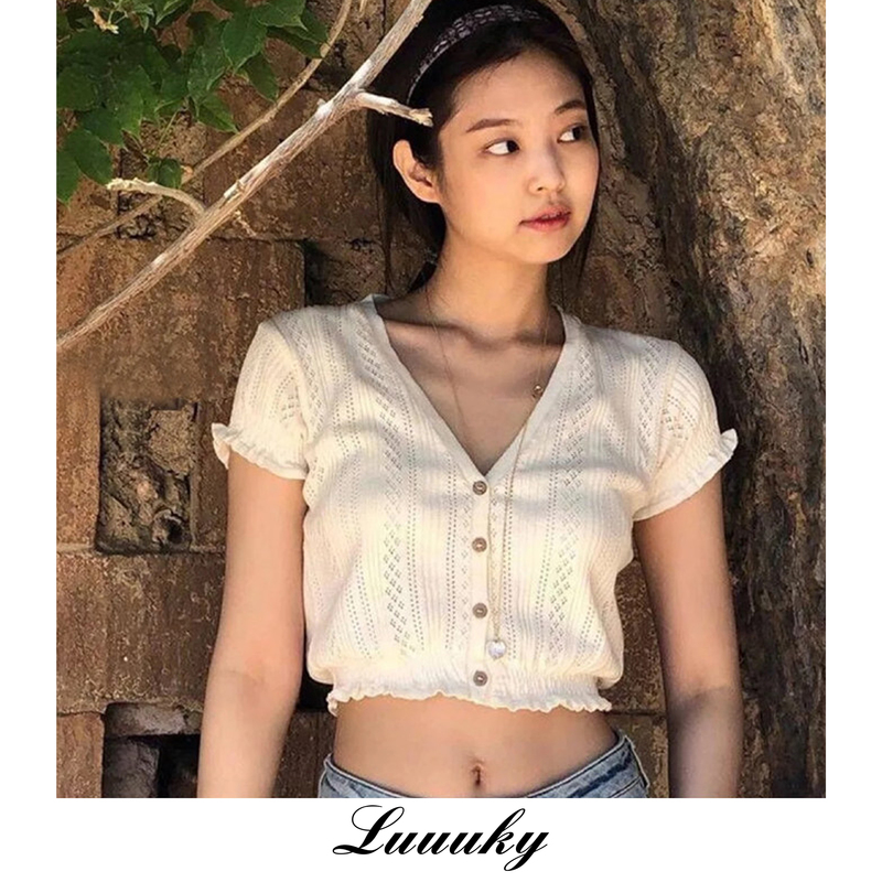 Jennie Guli Nazha's Same Style Retro Girl Hollow-Out Cropped V-Neck Short-Sleeve Knit Top T-Shirt