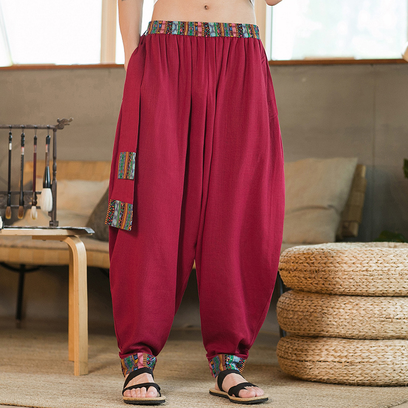 Ethnic Style Printed Linen Pants for Men, Spring and Summer, Chinese Style Tibetan Zen Clothing Pants, Large Size Loose Cotton and Linen Wide-Leg Pants Ethnic Style Printed Linen Pants for Men, Spring and Summer, Chinese Style Tibetan Zen Clothing Pants, Large Size Loose Cotton and Linen Wide-Leg Pants