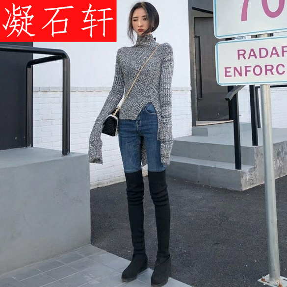 2018 mùa thu Outfit mới cơ thể mòn dưới cắt đột xuất áo len áo len cao cổ dài tay quần áo phụ nữ hàng đầu của