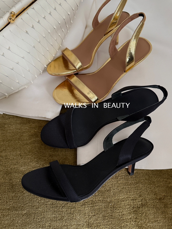 Walks in Beauty 26Ss/New Elegant Black and Gold Shoes, One-Strap Stiletto Open-Toe High-Heeled Sandals