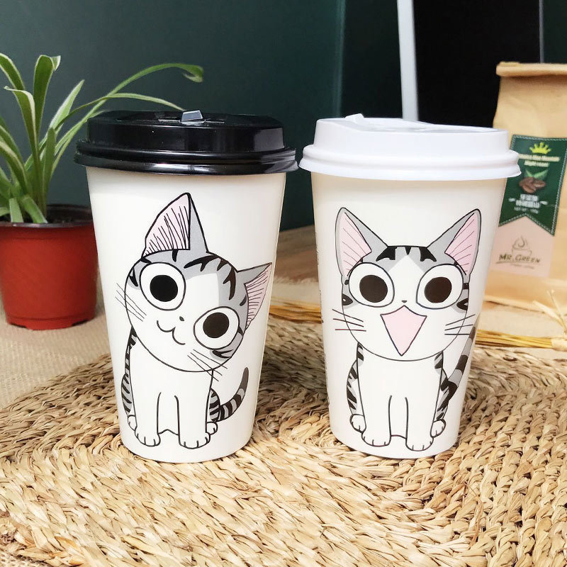 Coated paper disposable milk tea paper cup cheese cat thickened coffee cup 500 with cover 400 500 700ml