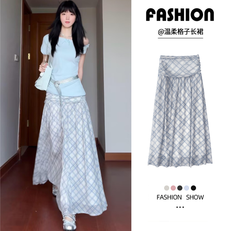 Plaid Skirt for Women, Summer 2025 New High-Waisted Mesh A-Line Skirt, Niche High-End Style, Large Flared Plaid Umbrella Skirt