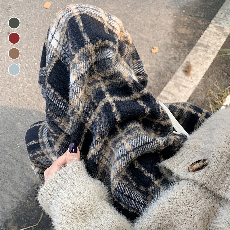 Navy Blue Fleece-Lined Plaid Pants for Women, Autumn and Winter 2025 New High-Waisted Drapey Wide-Leg Pants, Casual Thickened Woolen Pants