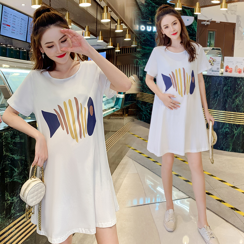 Pregnant women summer cotton short-sleeved t-shirt large size fashion loose medium-long version of the dress Summer T-shirt skirt thin top