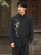 New Chinese style men's black dress for engagement, irregular suit, Chinese style stand collar, golden bamboo embroidery tunic