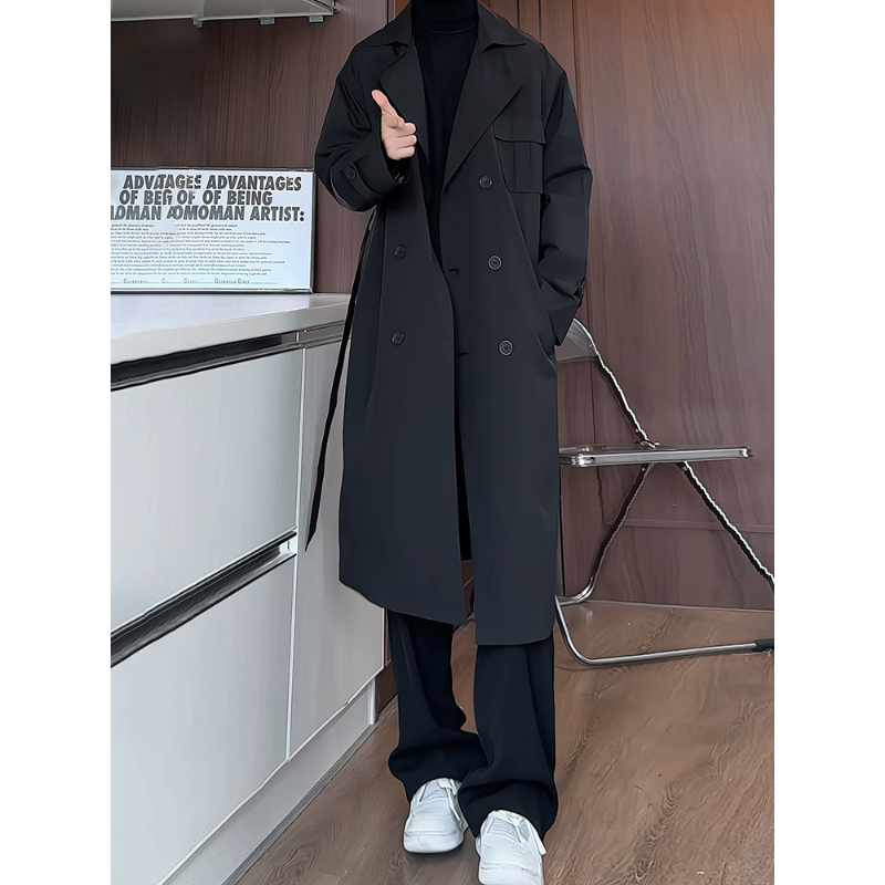 Black British-Style Trench Coat for Men, Mid-Length, for Tall Individuals, Suitable for Spring and Autumn, Over-The-Knee, Double-Breasted Suit-Style Overcoat Black British-Style Trench Coat for Men, Mid-Length, for Tall Individuals, Suitable for Spring and Autumn, Over-The-Knee, Double-Breasted Suit-Style Overcoat