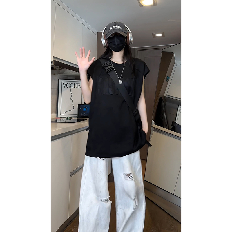 Suede Black T-Shirt Vest for Men, Summer Embossed Design, Short-Sleeved, American Style, Heavy and Stiff, Sleeveless Vest