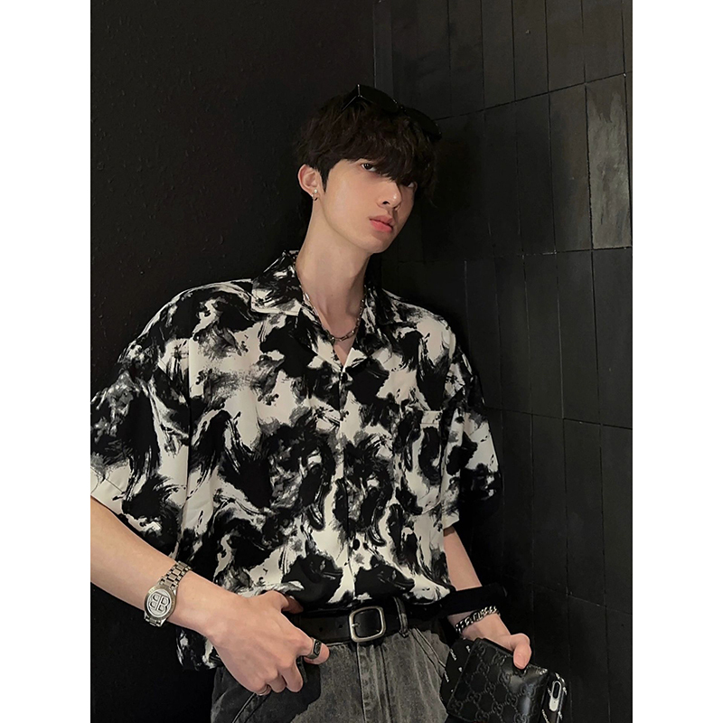 Vintage Baroque Beach Floral Shirt for Men, American Style Short-Sleeved Jacket, Summer Cuban Collar Shirt Dk