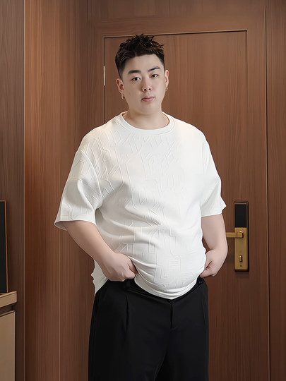 White Jacquard Oversized Regular Shoulder T-Shirt for Men, Summer Wear, Plus-Size Short-Sleeve, Loose, Casual Style, Heavyweight Half-Sleeve