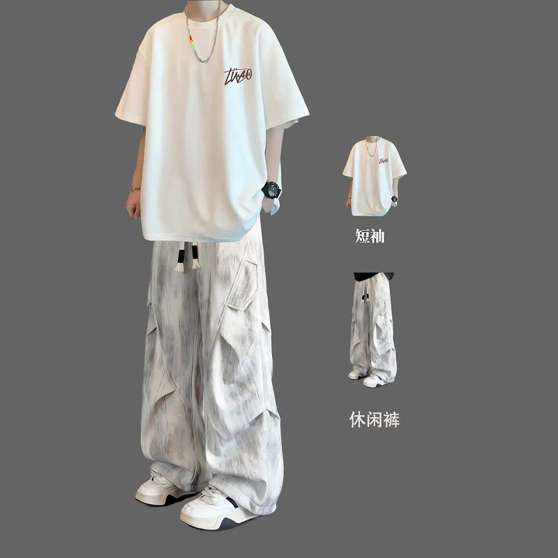 American-Style White Short-Sleeved T-Shirt for Boys, Summer Outfit for Teenagers, Cool and Stylish Set with Pants and Top American-Style White Short-Sleeved T-Shirt for Boys, Summer Outfit for Teenagers, Cool and Stylish Set with Pants and Top