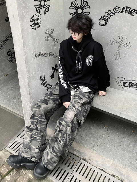 American retro multi-pocket camouflage overalls for men, autumn high-waisted loose drape floor-length wide-leg scimitar trousers