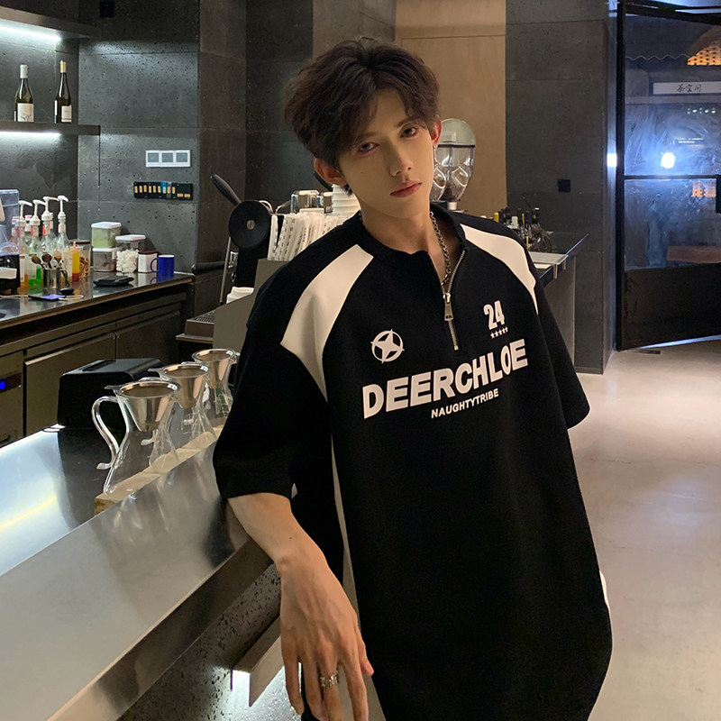 黒と白のパッチワークバスケットボールジャージスタイルのメンズTシャツ、アメリカンスタイル、ハーフジップモーターサイクル半袖夏用ヘビーウェイトカップルスウェットシャツ