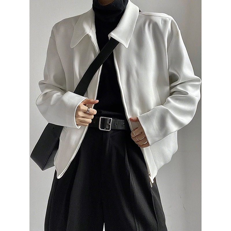 White Cleanfit Men's Shoulder-Padded Jacket, Spring and Autumn Loose-Fitting Short Executive Jacket, Mature Style American Baseball Jacket