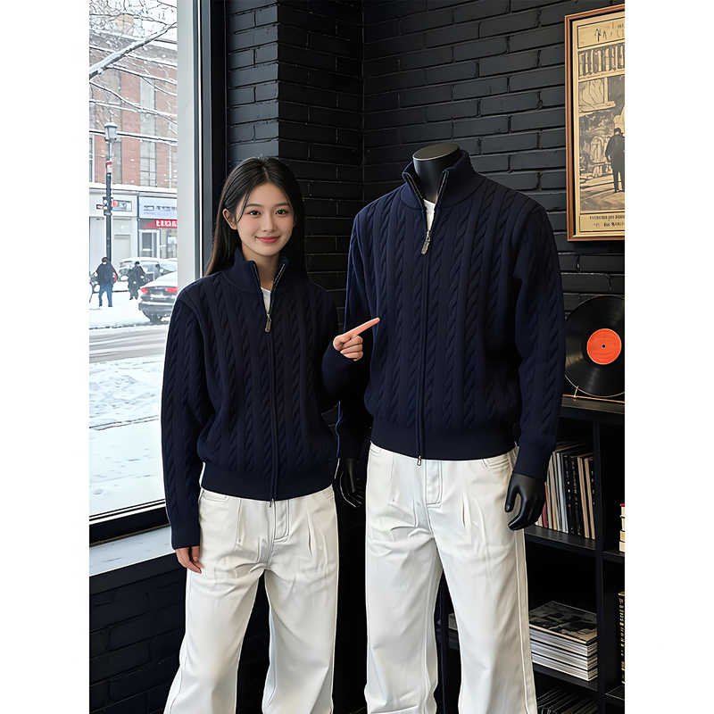 American-Style Half-High Collar Zip-Up Cardigan Sweater for Men, Spring Vintage Style Jacket, Casual and Sophisticated Cable Knit Sweater