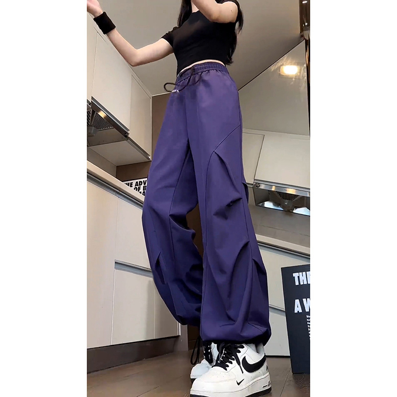 Purple Pleated Ice Silk Pants for Women, Summer Casual Relaxed High-Waisted Jogger Pants, American-Style Parachute Pants