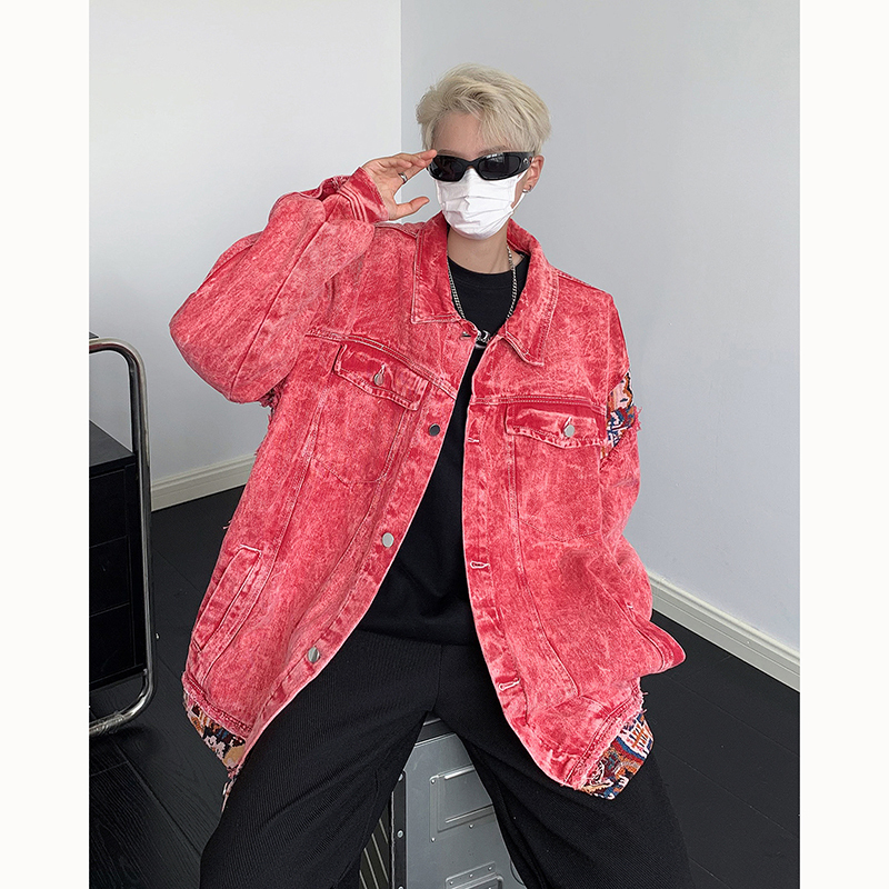 European and American High Street Hip-Hop Pink Denim Jacket for Men, Autumn American-Style Workwear Jacket, Short Couple Baseball Jacket European and American High Street Hip-Hop Pink Denim Jacket for Men, Autumn American-Style Workwear Jacket, Short Couple Baseball Jacket