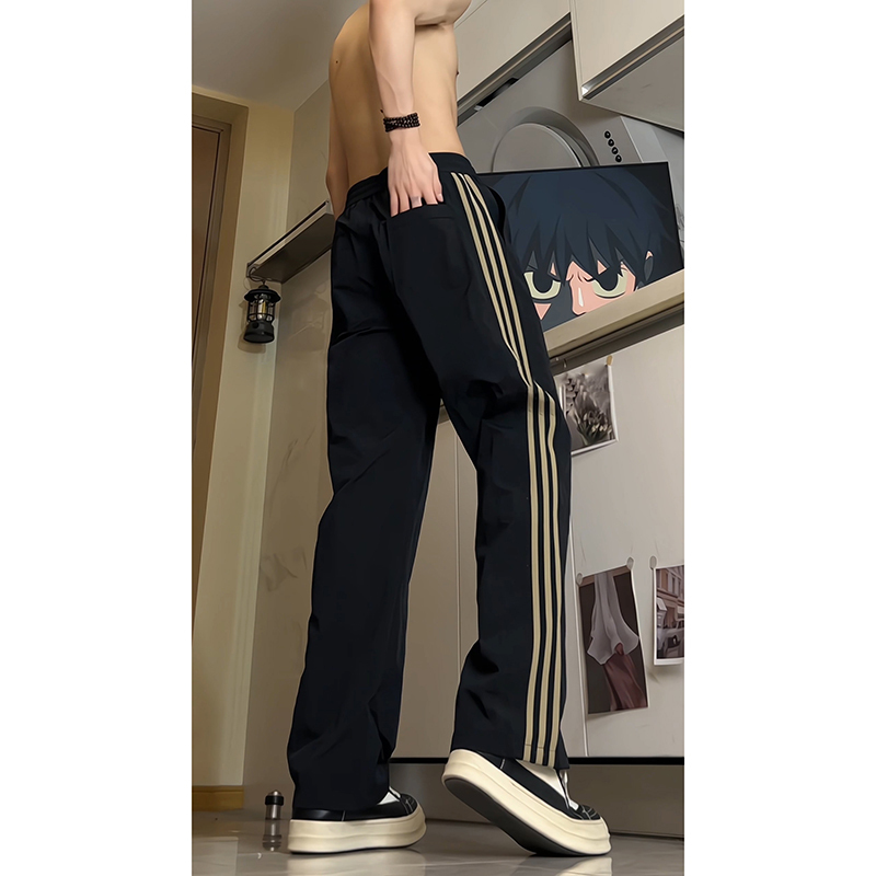 Cleanfit American-Style Quick-Dry Outdoor Pants for Men, Summer Ice Silk Striped Pants with Three Stripes, Fitness Sports Casual Pants