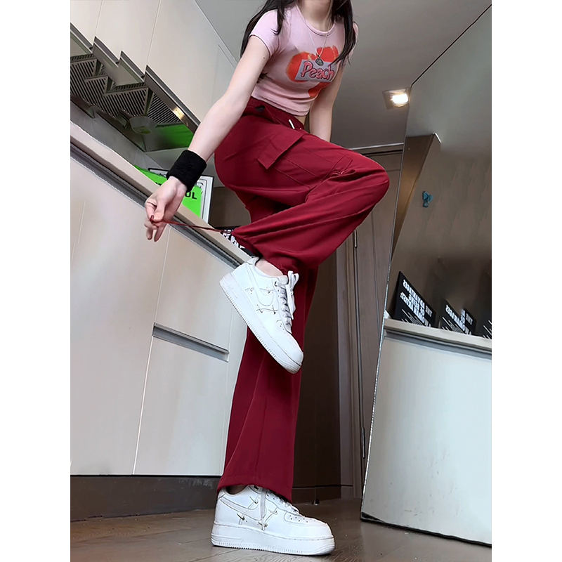 Large Flap Pocket Pants Quick-Drying Cargo Pants Men's Summer American Hiphop Red Pants Straight Leg Drawstring Assault Pants