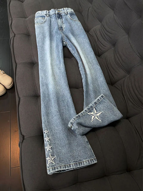 Star embroidered bootcut jeans for men, autumn and winter straight narrow pants, American high street velvet slim casual pants