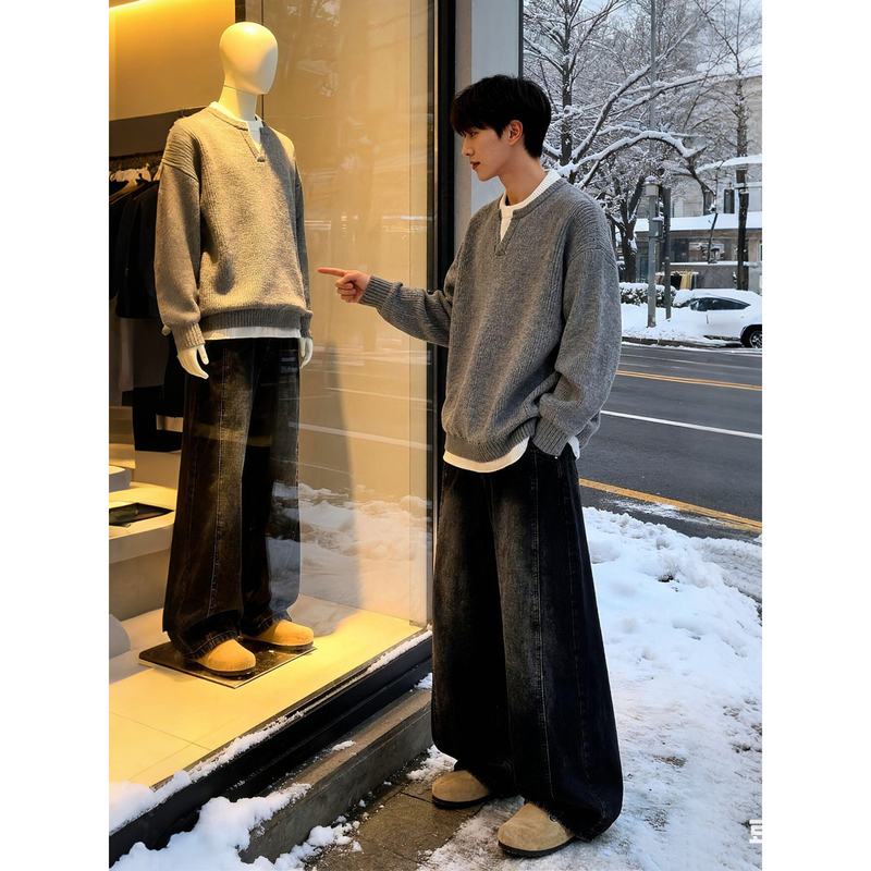 Gray Faux Two-Piece Sweater for Men, Winter American Retro Style, High-End V-Neck Lazy Coat Gray Faux Two-Piece Sweater for Men, Winter American Retro Style, High-End V-Neck Lazy Coat