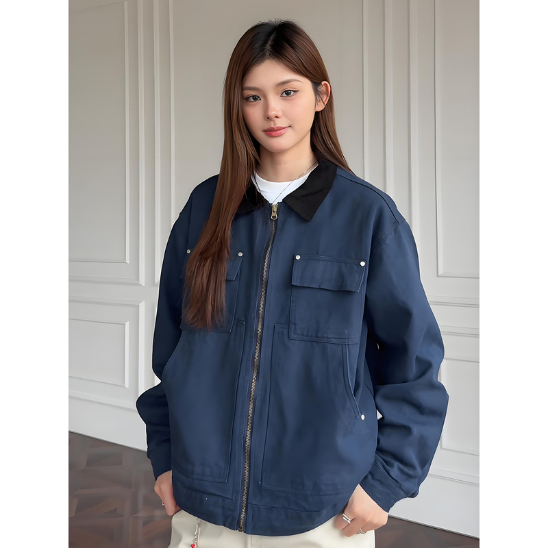 Navy Blue American-Style Multi-Pocket Denim Jacket for Men, Spring and Autumn Detroit Workwear Jacket, Short Baseball Jacket with a Turn-Down Collar Navy Blue American-Style Multi-Pocket Denim Jacket for Men, Spring and Autumn Detroit Workwear Jacket, Short Baseball Jacket with a Turn-Down Collar