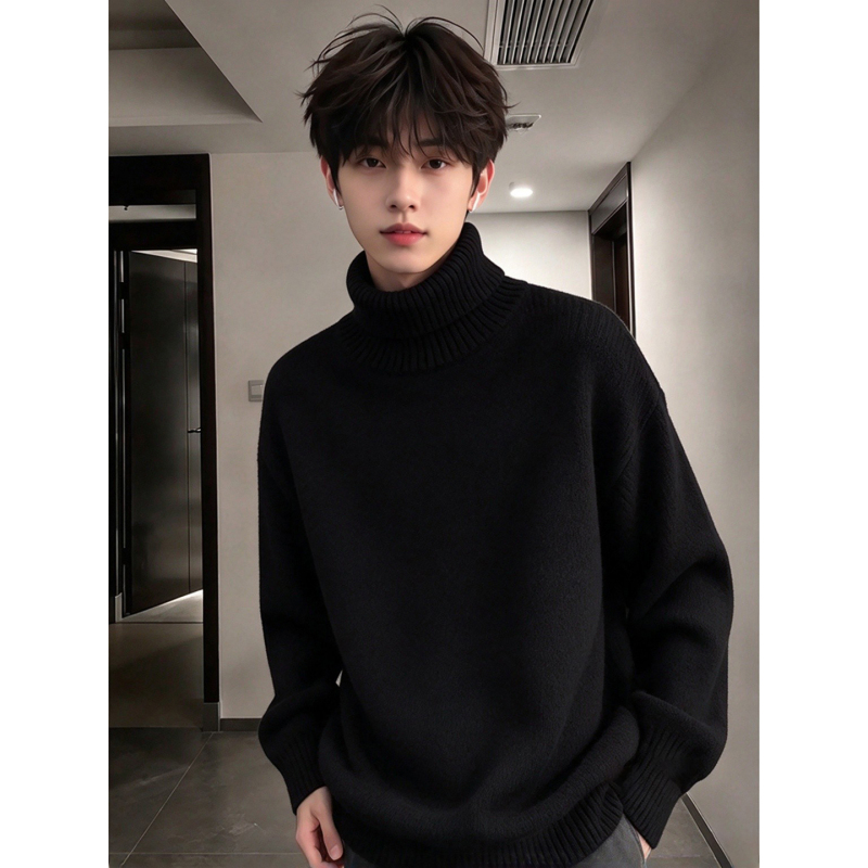 Cleanfit American-Style Black Turtleneck Sweater for Men, Autumn and Winter Fleece-Lined, Husband-Like Feel, Lazy Style, Base Knitwear