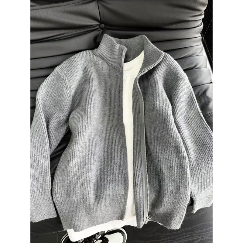 Cleanfit Gray Zipper Sweater Men's Spring and Autum Lazy Knitted Cardigan Jacket High-End Handsome Jacket