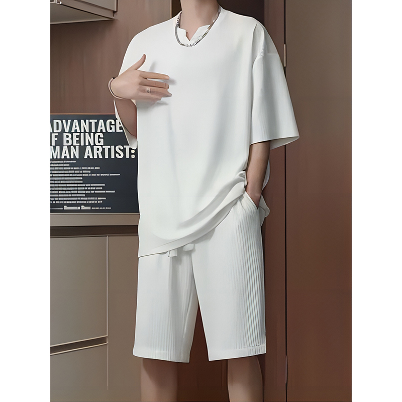 White V-Neck Ice Silk Short-Sleeved Casual Shorts, Handsome Student Trendy Suit for Teenagers, Complete Outfit White V-Neck Ice Silk Short-Sleeved Casual Shorts, Handsome Student Trendy Suit for Teenagers, Complete Outfit