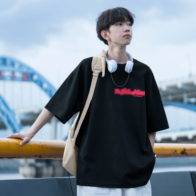 American Retro Red Letter T-Shirt for Boys, Youthful Style, Heavyweight Pure Cotton Short-Sleeve, Summer Trendy Brand Half-Sleeve