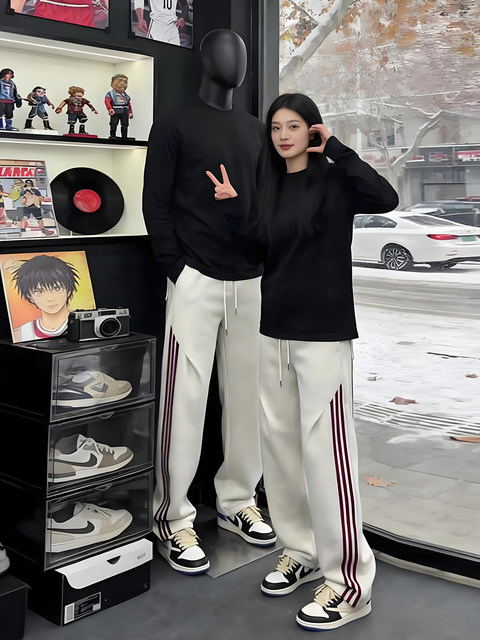 Floral gray sports bootcut two-piece set, high-end pure cotton long-sleeved T-shirt, men's autumn and winter wear set